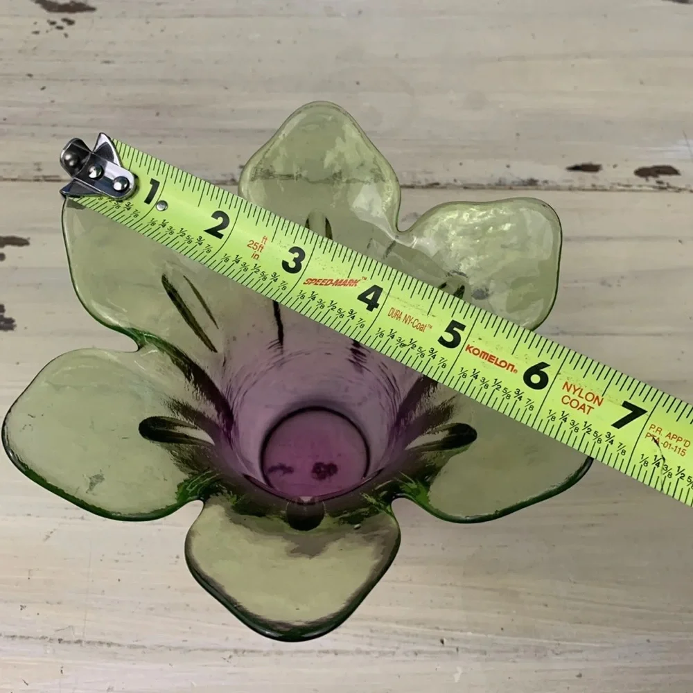 VINTAGE VASE - Mid-Century 6 Petal Green‎ & Purple Glass Handkerchief Swung Vase